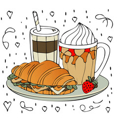 Delicious Croissant Sandwich with Coffee and Whipped Cream Drink