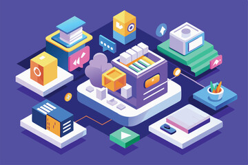 Obraz premium An isometric illustration displays a colorful array of customizable subscription services for digital platforms, Subscriptions Customizable Isometric Illustration