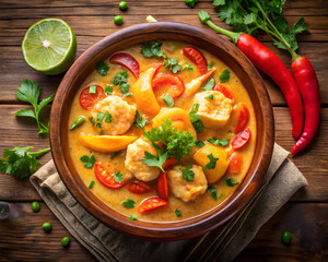 Homemade seafood Moqueca with coconut milk and red pepper base 