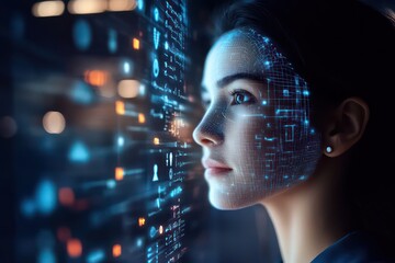 A professional woman using a biometric scanner connected to an AI-driven health analysis system.