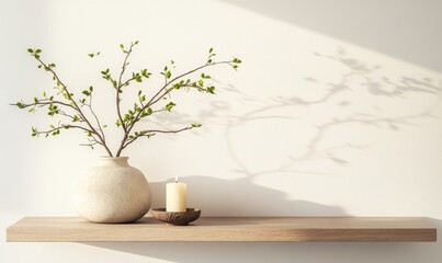 Traditional interior wall mockup with green twigs in vase and candle standing on light brown wooden table on empty white background