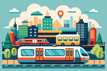 Colorful illustration of a subway system in an urban landscape with trains and city structures, Subway Customizable Flat Illustration