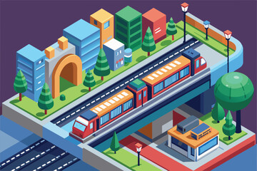 A vibrant isometric illustration showcases a subway train running through a city, surrounded by structures and trees, Subway Customizable Isometric Illustration