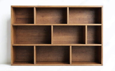 A wooden shelf with four shelves and a black shelf	
