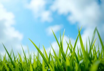 Fototapeta premium Fresh Green Grass Blades Against Blue Summer Sky with White Clouds, Natural Macro View, Environmental Growth Perspective