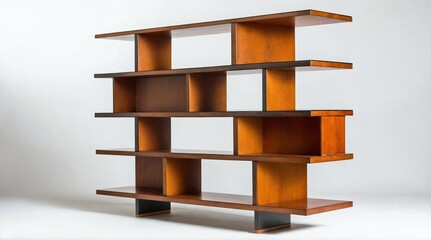 A wooden shelf with four shelves and a black shelf	
