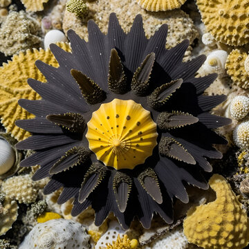 Dark brown hexaplex nigritus shell with yellow spots and seaweed , black murex, ocean creatures