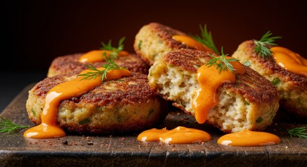 Savory Crab Cakes: A mouthwatering shot of crispy crab cakes drizzled with a vibrant orange sauce on a wooden board, garnished with fresh herbs, perfectly capturing the essence of culinary delight.