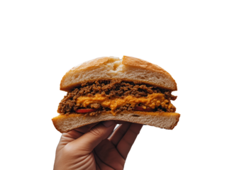 Close-up of a hand holding a hamburger with ground meat, cheese, and vegetables, isolated on white or transparent png, perfect for food and restaurant themes.