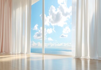 Fototapeta premium Ocean View Room with Sunlight Through Curtains