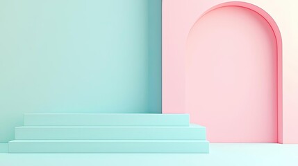 Pastel color illustration abstract background idea. Minimalist pastel architectural design with steps and arched doorway, perfect for creatives.