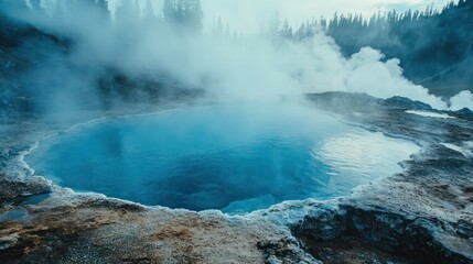 Geothermal pool steams, forest backdrop