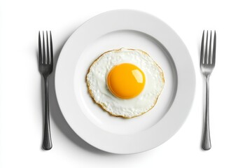 One fried egg on white plate isolated on white background, top view