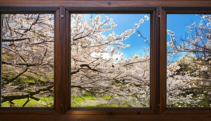 Fototapeta premium 窓からの眺め、美しい桜が満開の春の諷詠