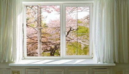 Fototapeta premium 窓からの眺め、美しい桜が満開の春の諷詠
