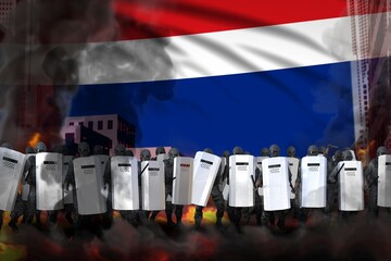 Thailand protest fighting concept, police swat on city street are protecting state against riot - military 3D Illustration on flag background