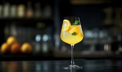 Homemade Limoncello spritz drink of liqueur, sparkling wine and lemon in cocktail glass