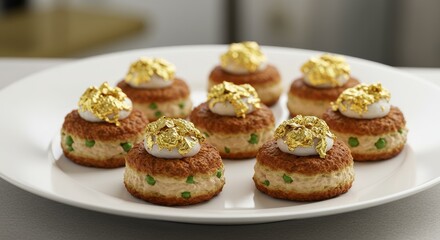 Gourmet Appetizers: Artfully arranged appetizers, boasting layers of savory goodness and edible gold, invite the discerning palate to a taste sensation.