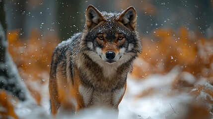 Fototapeta premium Majestic Gray Wolf in Snowy Winter Forest Wild Canine in Nature