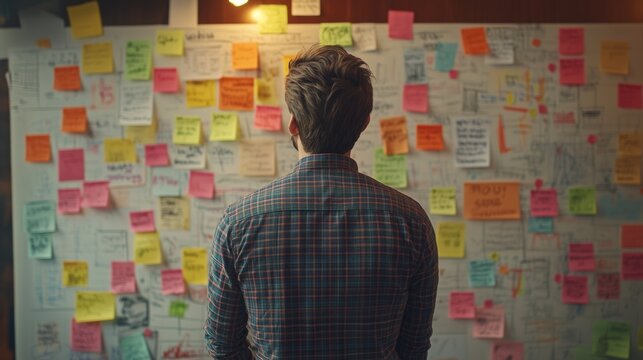 Man in plaid shirt analyzing a wall filled with colorful sticky notes, brainstorming new ideas for a business plan or marketing strategy.