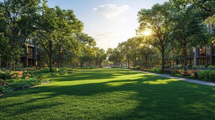 Obraz premium Sunlit park pathway with lush green grass, trees, and modern homes.