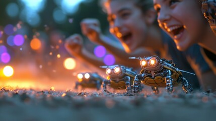 Kids Cheer Robotic Turtle Race  Night Fun  Technology  Friendship