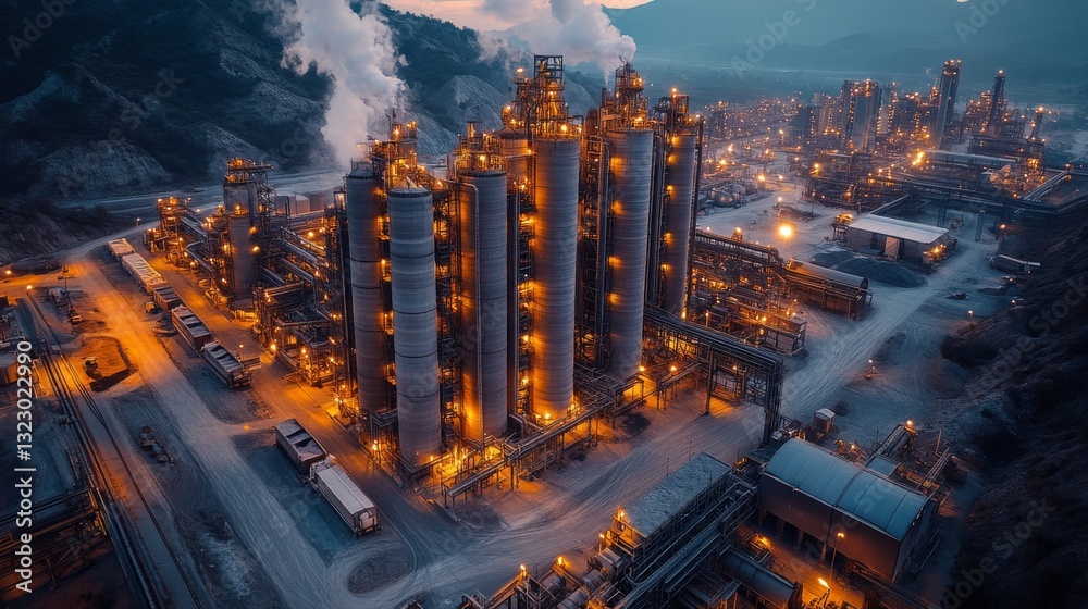 Aufkleber dusk settles over a large manufacturing facility with illuminated towers and structures involved in 