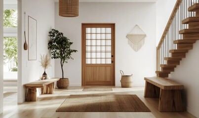 Scandinavian interior design of modern entrance hall with grid door, staircase and rustic wooden accent pieces