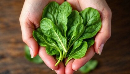 Spinach on palm hand wallpaper. Fresh spinach background. fresh spinach wallpaper