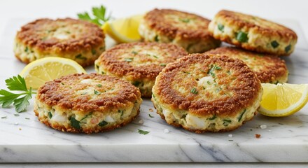 Culinary Delights: Savor the exquisite taste of freshly prepared crab cakes, garnished with vibrant lemon wedges and fresh parsley, creating a delightful culinary experience.