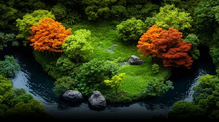 Lush Island River  Tranquil Forest  Vibrant Autumn Trees  High Resolution Nature Photograp
