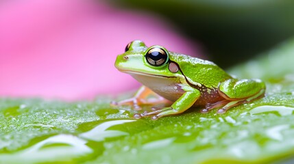 Obraz premium Green Frog Sitting on Leaf with Water Drops in Macro View