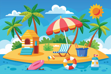 Obraz premium Enjoy a vibrant tropical island vacation with beach chairs, toys, and an inviting sun umbrella under clear skies, Summer holiday and vacation,
