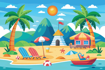 Obraz premium Relax on vibrant beach chairs under palm trees with a boat and a cozy seaside hut during summer vacation, Summer holiday and vacation,