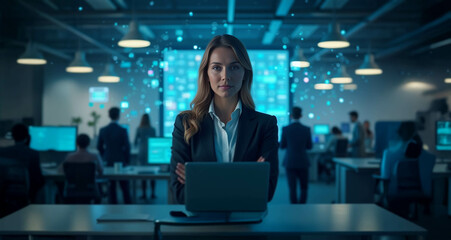 A confident woman in a high-tech office represents internet security, cyber protection, and social media connectivity with floating digital icons.