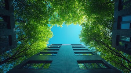 Low angle view of modern building surrounded by lush green trees and blue sky.