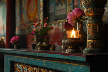 Fototapeta premium One oil lamp in a tibetan buddhist temple
