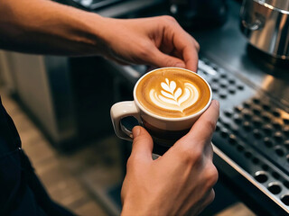 A close-up shot of a barista expertly crafting a latte art design in a trendy coffee shop.Hand holding a small cup of coffee by barista