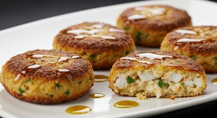 Culinary Delight: A delectable array of golden-brown crab cakes arranged artfully on a pristine, square plate, promising a burst of flavor and culinary excellence.