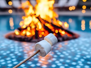 Sunset bonfire pool party with marshmallow roasting, storytelling, and warm ambiance