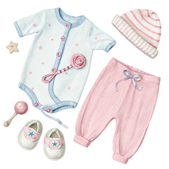 Baby clothes and accessories watercolor illustration isolated on transparent background  
