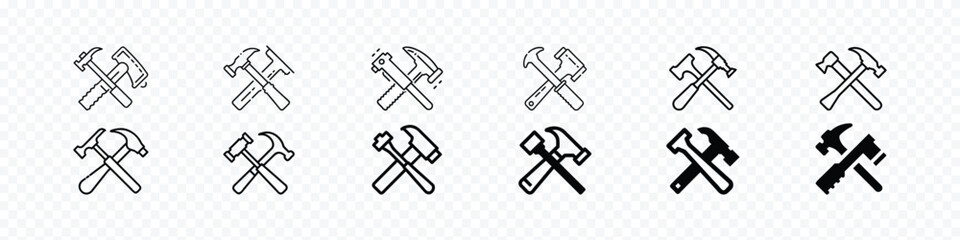 Carpentry and Woodworking Tools Icon – Hammer and Handsaw Crossed,  A hammer and handsaw crossed, symbolizing woodworking and carpentry