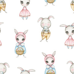 Seamless pattern with Easter cartoon cute bunny girls in blue and pink dress with a basket with eggs and boy hugs a blue egg. Watercolor hand drawn illustration