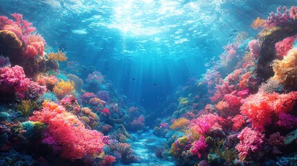 Obraz premium Vibrant coral reef teeming with life, sunbeams penetrate the water, showcasing diverse colors and marine life.