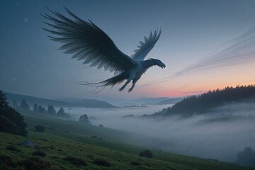 Obraz premium Enigmatic Figure Gliding Above Foggy Scenery at Twilight