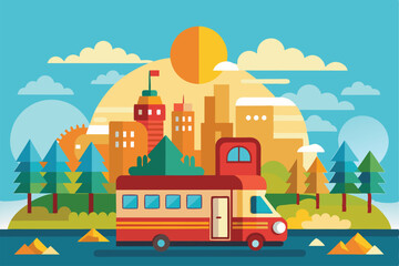 A customizable semi-flat illustration depicts a vibrant mobile home in a lively city on a sunny day, Sunny day Customizable Semi Flat Illustration