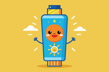 A cartoon sunscreen bottle character smiles brightly under a clear sky while promoting sun safety, Sunscreen Customizable Cartoon Illustration