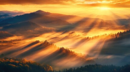 Obraz premium Majestic Sunrise Over Misty Hills and Valleys with Soft Sunlight Rays Illuminating Forests and Landscape