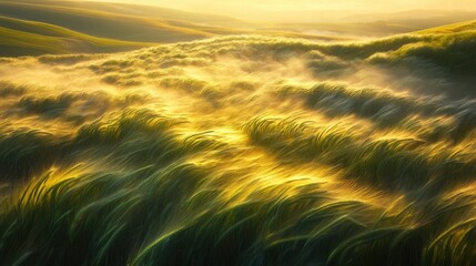 Fototapeta premium Lush Green Fields Bathed in Golden Sunrise Light with Soft Wisps of Mist Rising Across the Landscape