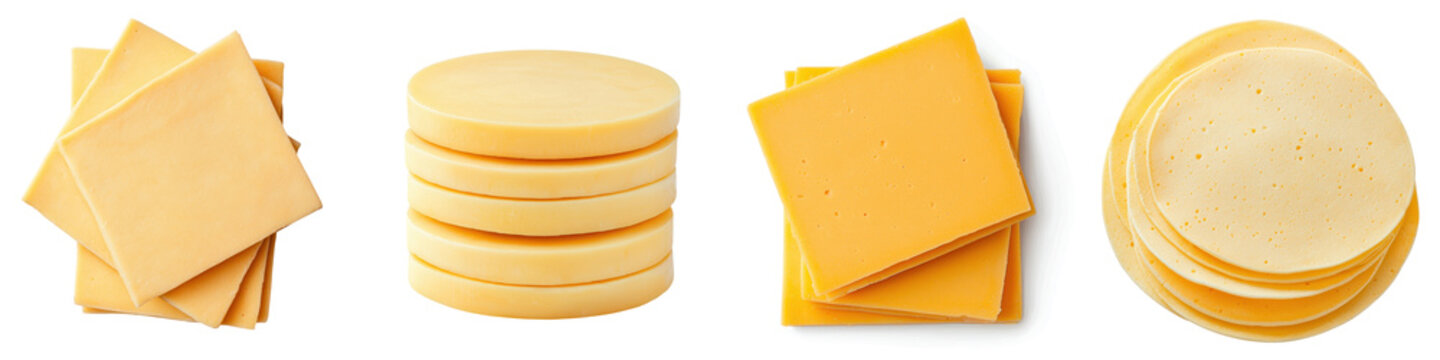 Assortment of various artisanal cheese slices and wedges including cheddar swiss gouda brie and other gourmet dairy products arranged on a plain background with copy space
